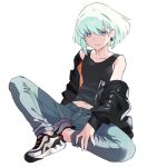  1boy ahoge alternate_costume backlighting black_jacket black_tank_top blue_pants casual colored_eyelashes denim earrings green_hair hair_behind_ear jacket jeans jewelry light_smile lio_fotia looking_at_viewer male_focus navel ns1123 open_clothes open_jacket otoko_no_ko pants promare shoes short_hair sidelocks simple_background sitting sneakers solo tank_top triangle_earrings violet_eyes white_background 