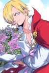  1boy absurdres artist_name blonde_hair blue_eyes bouquet cape cigarette closed_mouth commentary curly_eyebrows english_commentary facial_hair flower goatee hair_over_one_eye highres holding holding_bouquet male_focus mygiorni one_eye_covered one_piece outdoors pink_flower red_cape sanji_(one_piece) shirt short_hair smile solo white_shirt 