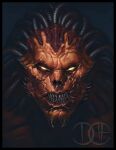  angron black_border border butchers_nails_(warhammer_40k) chaos_(warhammer) colored_skin david_haire demon demon_horns demon_primarch glowing glowing_eyes gorefather hair_tubes highres horns open_mouth primarch red_skin scar scar_across_eye scar_on_cheek scar_on_face sharp_teeth signature teeth tube warhammer_40k yellow_eyes 