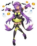  1girl :d arms_up back_bow bat_(animal) beret bow dark-skinned_female dark_skin dress dress_bow fang ghost gourgeist green_bow green_eyes hat jack-o&#039;-lantern katagiri_hachigou long_hair mittens necktie open_mouth personification pokemon puffy_short_sleeves puffy_sleeves purple_bow purple_hair purple_mittens shiny_clothes short_dress short_sleeves simple_background smile solo swept_bangs thigh-highs very_long_hair white_background yellow_necktie 