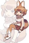  1girl ananna0031 animal_ears bare_shoulders blush boots bow bowtie brown_hair brown_shirt brown_skirt brown_thighhighs dhole_(kemono_friends) dog_ears dog_girl dog_tail full_body gloves highres kemono_friends light_brown_hair looking_at_viewer open_mouth pleated_skirt shirt short_hair sidelocks skirt sleeveless smile solo tail thigh-highs two-tone_thighhighs white_bow white_bowtie white_footwear white_gloves white_hair white_shirt white_thighhighs yellow_eyes zettai_ryouiki 