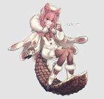  1girl boots brown_eyes brown_pantyhose brown_tail cape closed_mouth frown full_body fur-trimmed_footwear fur-trimmed_shorts fur_collar fur_hat fur_trim gloves grey_background hat katagiri_hachigou long_sleeves medium_hair monster_hunter_(series) multicolored_hair pantyhose paolumu personification pink_hair puffy_long_sleeves puffy_sleeves purple_gloves shorts simple_background tail two-tone_hair white_cape white_hair white_headwear white_shorts 