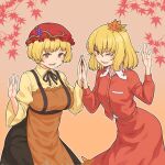  2girls aki_minoriko aki_shizuha apron blonde_hair gradient_background highres kakone leaf looking_at_viewer maple_leaf multiple_girls red_apron red_headwear red_skirt shirt skirt smile touhou yellow_shirt 