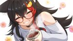  1girl ^_^ animal_ears black_hair blush clenched_teeth closed_eyes coffee commentary cup floral_background flower glasses highres holding holding_cup hololive long_hair long_sleeves micon multicolored_hair ookami_mio ookami_mio_(3rd_costume) red-framed_eyewear redhead shirt solo steam streaked_hair symbol-only_commentary teeth upper_body virtual_youtuber white_background white_shirt wolf_ears 