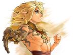  1boy blonde_hair clenched_hand dannydjoestar green_eyes highres jewelry link looking_to_the_side medium_hair necklace pointy_ears shoulder_tattoo simple_background solo tattoo the_legend_of_zelda the_legend_of_zelda:_tears_of_the_kingdom topless_male upper_body white_background 