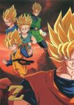  1990s_(style) aqua_eyes blonde_hair clenched_hands copyright_name day dougi dragon_ball dragon_ball_z father_and_son gloves highres long_sleeves looking_at_viewer male_focus muscular muscular_male non-web_source official_art outdoors retro_artstyle saiyan scan serious smile son_gohan son_goku son_goten spiky_hair super_saiyan super_saiyan_1 trunks_(dragon_ball) vegeta widow&#039;s_peak wristband 