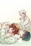  1girl 2boys black_eyes black_hair blue_eyes brown_hair closed_eyes emma_(yakusoku_no_neverland) hair_between_eyes hand_up kesyeru long_sleeves lying medium_hair multiple_boys neck_tattoo norman_(yakusoku_no_neverland) on_back ray_(yakusoku_no_neverland) shirt short_hair simple_background sitting sleeping sleeping_on_person tattoo white_background white_hair white_shirt yakusoku_no_neverland 