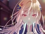  1girl blonde_hair blurry blurry_background finger_to_mouth hair_between_eyes heaven_burns_red high_collar highres long_hair looking_at_viewer portrait red_eyes rin_0101010 shirakawa_yuina solo 