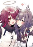  2girls :d absurdres animal_ear_piercing animal_ears arknights arm_around_shoulder black_gloves black_hair blush breasts chiwa_(chiwawanwan1206) exusiai_(arknights) fingerless_gloves gloves hair_over_one_eye halo heart highres long_hair looking_at_viewer multiple_girls open_mouth orange_eyes parted_lips redhead short_hair small_breasts smile texas_(arknights) upper_body v wolf_ears wolf_girl yellow_eyes yuri 