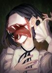  1girl adjusting_hair black_hair blouse frills hair_behind_ear hair_ornament highres horror_(theme) monster_girl no_eyes open_mouth original portrait purple_nails sen_ilst sharp_teeth shirt solo stitches teeth tongue tongue_out white_shirt 