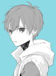  1boy absurdres amamiya_hibiya child commentary from_side greyscale_with_colored_background hair_between_eyes highres hood hood_down hooded_jacket jacket kagerou_project light_blue_background looking_at_viewer looking_to_the_side open_clothes open_jacket parted_lips saitou_shiori_(pixiv14549321) shirt short_hair simple_background sleeveless sleeveless_jacket solo upper_body 