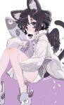 1girl animal_ears artist_name black_wings cat_ears cat_tail grey_footwear highres hugging_object jikuno original shirt short_hair shorts sitting sleeves_past_fingers sleeves_past_wrists slippers solo tail violet_eyes white_shirt white_shorts wings 