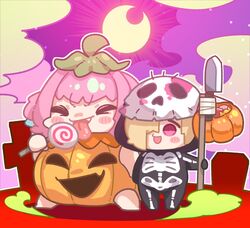  2girls barefoot blonde_hair blush_stickers candy chibi commentary food hair_over_one_eye halloween_costume holding holding_candy holding_food holding_lollipop idolmaster idolmaster_cinderella_girls lollipop mask multiple_girls pink_hair red_eyes shirasaka_koume skull_mask standing symbol-only_commentary takato_kurosuke tongue tongue_out v-shaped_eyebrows yumemi_riamu 