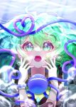  1girl 72mikan_1687 air_bubble blue_nails blush bubble buttons close-up collar commentary_request diamond_button eyeball eyelashes floating_hair frilled_shirt_collar frilled_sleeves frills green_collar green_eyes green_hair hair_between_eyes hands_up heart heart_of_string highres komeiji_koishi looking_at_viewer medium_hair nail_polish open_mouth shirt solo straight-on surprised third_eye touhou underwear wavy_hair wavy_mouth wide_sleeves yellow_shirt 