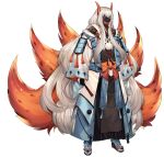  1boy armor black_gloves folded_fan folding_fan full_body fur_trim gloves hand_fan holding holding_fan horns japanese_armor katagiri_hachigou legs_apart long_hair long_sleeves male_focus mask multiple_tails orange_horns orange_tail personification pokemon pom_pom_(clothes) simple_background solo standing tail tassel two-tone_gloves very_long_hair volcarona white_background white_gloves white_hair 