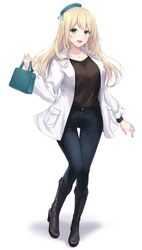  1girl absurdres alternate_costume atago_(kancolle) bag beret black_footwear black_shirt blonde_hair blue_pants blush boots collarbone commission denim green_eyes green_headwear handbag hat high_heel_boots high_heels highres holding holding_bag jacket jewelry kantai_collection long_hair long_sleeves looking_at_viewer monoku necklace open_clothes open_jacket open_mouth pants shirt shirt_tucked_in simple_background skeb_commission smile solo white_background white_jacket 