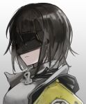 1girl aiv arknights arknights:_endfield black_hair blindfold female_endministrator_(arknights) grey_shirt highres jacket open_clothes open_jacket portrait shirt short_hair simple_background solo white_background yellow_jacket 