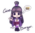  1girl ace_attorney artist_name black_hair burger dated english_commentary english_text fehden food highres jewelry long_hair magatama magatama_necklace maya_fey necklace ponytail solo sparkle tears thought_bubble twitter_username 