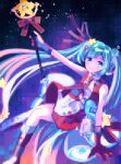  1girl absurdres aqua_eyes aqua_hair bare_shoulders beekan blue_eyes blue_hair blush boots closed_mouth dress future_eve_(vocaloid) gloves hair_ornament hair_ribbon hatsune_miku headphones highres holding holding_wand long_hair looking_at_viewer magical_mirai_(vocaloid) magical_mirai_miku magical_mirai_miku_(2022) necktie night night_sky ribbon sky sleeveless sleeveless_dress smile solo star_(symbol) star_hair_ornament twintails very_long_hair vocaloid wand 