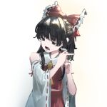  1girl adjusting_hair_ornament ascot bare_shoulders black_eyes black_hair bow collared_shirt cowboy_shot dauchimk_1 detached_sleeves frilled_bow frilled_hair_tubes frilled_shirt_collar frills hair_bow hair_tubes hakurei_reimu large_bow lower_teeth_only medium_hair open_mouth red_bow red_ribbon red_shirt red_skirt ribbon ribbon-trimmed_sleeves ribbon_trim shirt simple_background skirt sleeveless sleeveless_shirt teeth touhou white_background wide_sleeves yellow_ascot 
