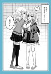 2girls ? black_thighhighs cheek_pinching kokkovvv long_hair looking_at_another monochrome multiple_girls original pinching shoes skirt thigh-highs white_thighhighs 