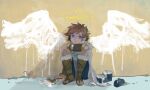  1boy arm_on_knee arm_support blue_eyes brown_hair commentary drawn_halo drawn_wings halo kid_icarus male_focus on_ground osakana_(oishiiosakana) paint paint_can paintbrush parted_lips pit_(kid_icarus) sandals short_hair sitting solo trim_brush white_paint 