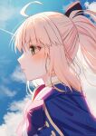  1girl absurdres ahoge aro_1801 artoria_caster_(fate) artoria_pendragon_(fate) black_bow blonde_hair blue_cape blue_sky blush bow bowtie cape closed_mouth clouds day fate/grand_order fate_(series) from_side green_eyes hair_bow highres long_hair outdoors ponytail profile purple_bow purple_bowtie sky solo watermark 