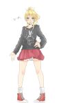  1girl ayase_eli baggy_socks black_hoodie blonde_hair blue_eyes blush clenched_teeth commentary_request full_body grin hair_ribbon hand_on_own_hip highres hood hoodie kashikaze long_sleeves looking_at_viewer love_live! love_live!_school_idol_project medium_hair pleated_skirt ponytail red_skirt ribbon shoes simple_background skirt smile sneakers socks solo standing teeth translation_request white_background white_ribbon white_socks 