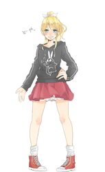  1girl ayase_eli baggy_socks black_hoodie blonde_hair blue_eyes blush clenched_teeth commentary_request full_body grin hair_ribbon hand_on_own_hip highres hood hoodie kashikaze long_sleeves looking_at_viewer love_live! love_live!_school_idol_project medium_hair pleated_skirt ponytail red_skirt ribbon shoes simple_background skirt smile sneakers socks solo standing teeth translation_request white_background white_ribbon white_socks 