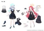  2girls alternate_costume animal_ears black_dress black_footwear blue_archive blue_eyes cross_hair_ornament dot_mouth dress forehead full_body grey_hair hair_ornament halo high_heels long_hair mismatched_pupils multiple_girls nuudoru official_art parted_bangs redhead reference_sheet shiroko_(blue_archive) short_hair very_long_hair white_footwear wolf_ears yuzu_(blue_archive) 