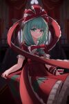  1girl absurdres bow chunjiu dress frilled_bow frilled_dress frilled_ribbon frills front_ponytail green_eyes green_hair highres indoors kagiyama_hina looking_at_viewer puffy_short_sleeves puffy_sleeves ribbon short_sleeves solo touhou 