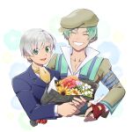  2boys ascot beret blue_jacket bouquet closed_eyes coat fingerless_gloves gloves green_eyes green_hair grin hair_between_eyes hand_on_own_hip hat highres holding holding_bouquet jacket looking_at_viewer male_focus multiple_boys open_mouth popped_collar red_gloves ruca_milda shiki_123 short_hair simple_background smile spada_belforma tales_of_(series) tales_of_innocence twitter_username white_hair yellow_ascot 