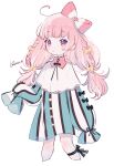  1girl absurdres ahoge artist_name black_bow bow braid dress hair_bow highres jikuno long_hair long_sleeves original pink_bow pink_hair simple_background sleeves_past_fingers sleeves_past_wrists solo striped white_background 
