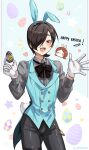  1boy alternate_costume animal_ears bishounen black_bow black_hair black_pants blue_eyeshadow blue_vest blush bow easter_egg egg eyeshadow fake_animal_ears fake_tail gloves grey_shirt hair_over_one_eye happy_easter heart highres holding holding_egg kurosu_jun long_sleeves looking_at_viewer makeup male_focus open_mouth pants persona persona_2 rabbit_ears rabbit_tail red_eyes risuko.exe_(artist) shirt short_hair shout_lines simple_background smile solo suou_tatsuya tail vest waistcoat wallet_chain white_gloves 