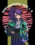  1girl black_hakama blue_bow bow closed_mouth commentary_request cowboy_shot dated green_jacket hakama hakama_skirt hand_on_own_hip happy_birthday heart jacket jacket_on_shoulders japanese_clothes kimono long_hair long_sleeves looking_at_viewer open_clothes open_jacket pretty_(series) pripara purple_hair red_bow rituyama1 side_ponytail signature skirt smile solo standing star_(symbol) toudou_shion wide_sleeves yellow_eyes 