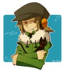  1boy animal black_cat border brown_eyes brown_hair brown_headwear cat cigarette coat fur-trimmed_coat fur_trim green_coat hat headphones holding holding_animal holding_cat hood hood_down hooded_coat kiri_futoshi lowres male_focus mouth_hold mr._kk ponytail pop&#039;n_music solo sparse_stubble upper_body white_border 