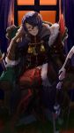  1boy absurdres alcryst_(fire_emblem) armor asymmetrical_hair blood blood_on_face blue_hair bow_(weapon) buckle chair circlet closed_mouth crossed_legs elbow_gloves fire_emblem fire_emblem_engage fur_trim gloves gold_trim highres jin_noumi looking_at_viewer male_focus on_chair red_eyes short_hair sitting solo weapon window 