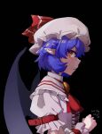  1girl ascot bat_wings black_background blue_hair brooch collared_shirt frilled_shirt_collar frills hat highres jewelry mob_cap onionmay pointy_ears red_ascot red_eyes remilia_scarlet shirt short_hair simple_background slit_pupils solo touhou white_headwear white_shirt wings wrist_cuffs 