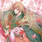  1boy blonde_hair book braid bungou_to_alchemist closed_mouth eyeshadow falling_leaves flower_knot green_eyes green_jacket green_kimono hand_up haori holding holding_paper jacket japanese_clothes kimono leaf leaf_print long_hair looking_at_viewer makeup male_focus maple_leaf mokuba_(mujo) orange_sash ozaki_kouyou_(bungou_to_alchemist) paper red_eyeshadow sash side_braid smile solo swept_bangs tassel upper_body white_background 