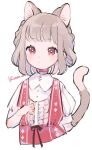  1girl animal_ears artist_name brown_hair cat_ears cat_tail choker closed_mouth dress frills highres jikuno original red_choker red_dress red_eyes shirt short_sleeves simple_background sketch solo tail upper_body white_background white_shirt 