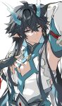  1boy ahoge arm_up black_hair blue_eyes blue_horns closed_mouth dan_heng_(honkai:_star_rail) dan_heng_(imbibitor_lunae)_(honkai:_star_rail) dragon_horns earrings expressionless fingerless_gloves gloves hair_between_eyes hand_on_own_chest honkai:_star_rail honkai_(series) horns jewelry looking_at_viewer male_focus pointy_ears red_eyeliner single_earring solo torichiri2 upper_body white_background 