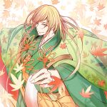  1boy blonde_hair book braid bungou_to_alchemist closed_mouth eyeshadow falling_leaves flower_knot green_eyes green_jacket green_kimono hand_up haori highres holding holding_paper jacket japanese_clothes kimono leaf leaf_print long_hair looking_at_viewer makeup male_focus mokuba_(mujo) orange_sash ozaki_kouyou_(bungou_to_alchemist) paper red_eyeshadow sash side_braid smile solo swept_bangs tassel upper_body white_background 