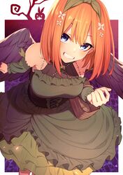  1girl absurdres angel_wings black_feathers blue_eyes blush bob_cut border breasts detached_sleeves dress feathered_wings feathers frilled_dress frills go-toubun_no_hanayome green_dress green_ribbon green_sleeves grin hair_between_eyes hair_ribbon halloween halloween_costume highres jack-o&#039;-lantern large_breasts looking_at_viewer medium_hair nakano_yotsuba orange_hair outside_border ribbon sleeveless sleeveless_dress smile solo tamago_sando white_border wings 