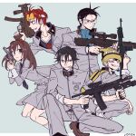  1girl 4boys absurdres ascot backpack bag beanie black_hair bright_pupils brown_eyes brown_hair earrings facial_mark gakuran glasses goggles grey_background grin gun hair_between_eyes hair_ribbon handgun hat highres inaba_masao jewelry loafers looking_at_viewer machine_gun meino_(usmtw) mole mole_under_mouth multiple_boys nanjou_kei persona persona_1 ribbon rifle school_uniform shoes short_hair simple_background single_earring skirt smile sniper_rifle sonomura_maki st._hermelin_school_uniform toudou_naoya uesugi_hidehiko weapon white_pupils 