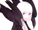  1girl absurdres animal_on_shoulder beak bird bird_on_shoulder black_bird black_shirt closed_mouth commentary crow english_commentary highres kisatsuki looking_at_viewer medium_hair original portrait red_eyes shirt simple_background solo turtleneck white_background white_hair 