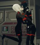  2girls 3d android ariane_yeong atelier_(arainydancer) black_hair blue_eyes closed_eyes cyberpunk elster_(signalis) hat joints kiss kissing_cheek multiple_girls robot_joints science_fiction signalis smile yuri 
