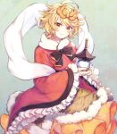  1girl adapted_costume bishamonten&#039;s_pagoda black_bow blonde_hair bow closed_mouth commentary frilled_sleeves frills hagoromo long_sleeves looking_at_viewer orange_skirt shawl short_hair skirt smile solo symbol-only_commentary tomobe_kinuko toramaru_shou touhou wide_sleeves yellow_eyes 