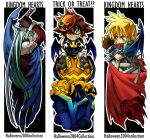  3boys armor bandages bat_wings black_background black_coat black_wings blonde_hair blue_eyes blue_hair brown_gloves brown_hair cape closed_eyes cloud_strife coat column_lineup commentary eguana english_text evil_grin evil_smile facing_away fang feathered_wings final_fantasy final_fantasy_vii fingerless_gloves gloves graveyard grin halloween high_collar holding holding_sword holding_weapon jack-o&#039;-lantern katana kingdom_hearts kingdom_hearts_i leaning leaning_forward light_blue_hair long_hair long_sleeves male_focus mask mask_on_head multiple_boys official_alternate_costume pauldrons pumpkin red_cape sephiroth serious short_hair shoulder_armor single_wing smile sora_(kingdom_hearts) spiky_hair sword tombstone trick_or_treat weapon white_background white_gloves wings 