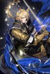  1boy ahoge animal_ears arknights armor black_coat blonde_hair coat commentary_request highres holding holding_sword holding_weapon long_hair mlynar_(arknights) mlynar_(wdali)_(arknights) orange_eyes ponytail ryuuzaki_ichi star_(symbol) sword weapon 