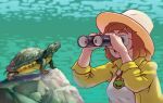  1girl absurdres binoculars brown_eyes brown_headwear highres holding holding_binoculars jacket long_sleeves looking_at_animal malev michelangelo_(tmnt) open_mouth original rock shirt short_hair solo t-shirt teenage_mutant_ninja_turtles turtle upper_body yellow_jacket 